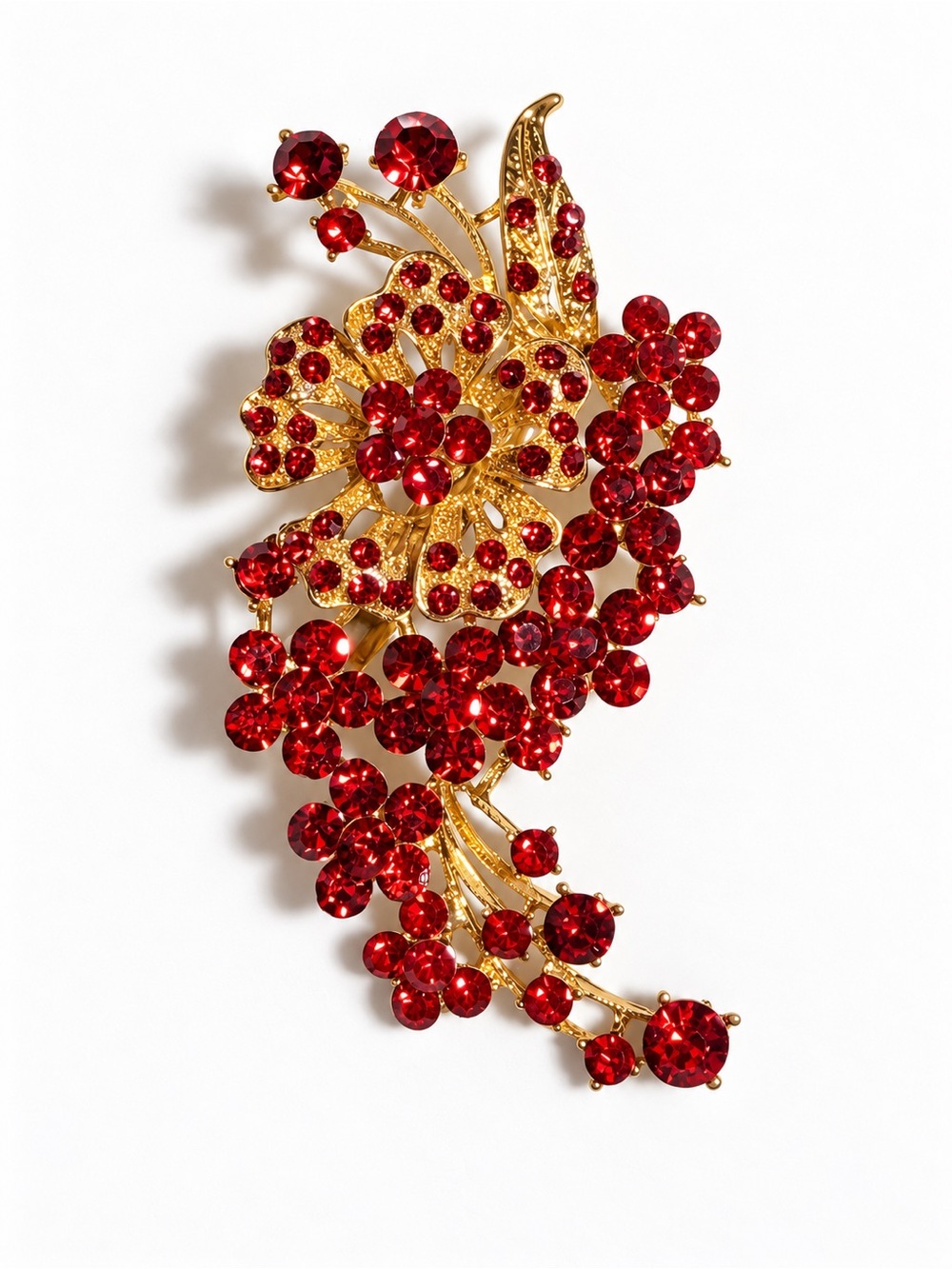 Red Crystal Floral Brooch Gold Tone Statement Pin